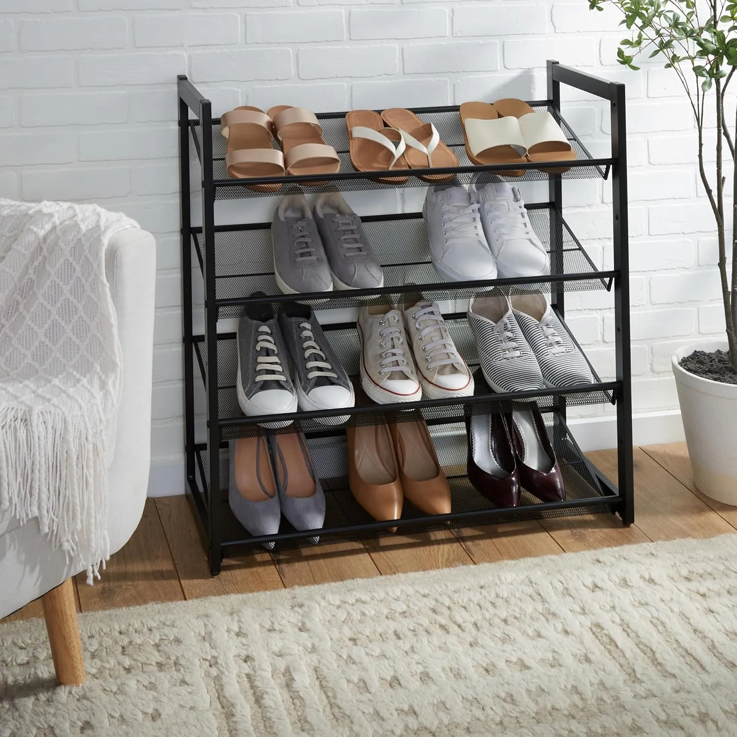 Organize It All 4 Tier Mesh Shoe Rack | Adjust to Flat or Incline Display | Iron Material | Fits 12-16 Pairs | Home Organization | Bedroom | Storage | Dimensions 29" D x 12" W x 29.8" H | Black |