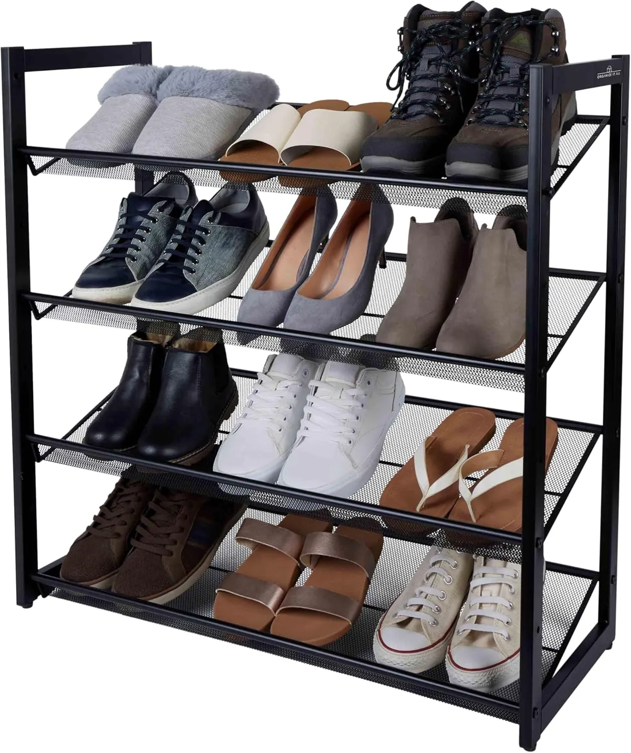 Organize It All 4 Tier Mesh Shoe Rack | Adjust to Flat or Incline Display | Iron Material | Fits 12-16 Pairs | Home Organization | Bedroom | Storage | Dimensions 29" D x 12" W x 29.8" H | Black |
