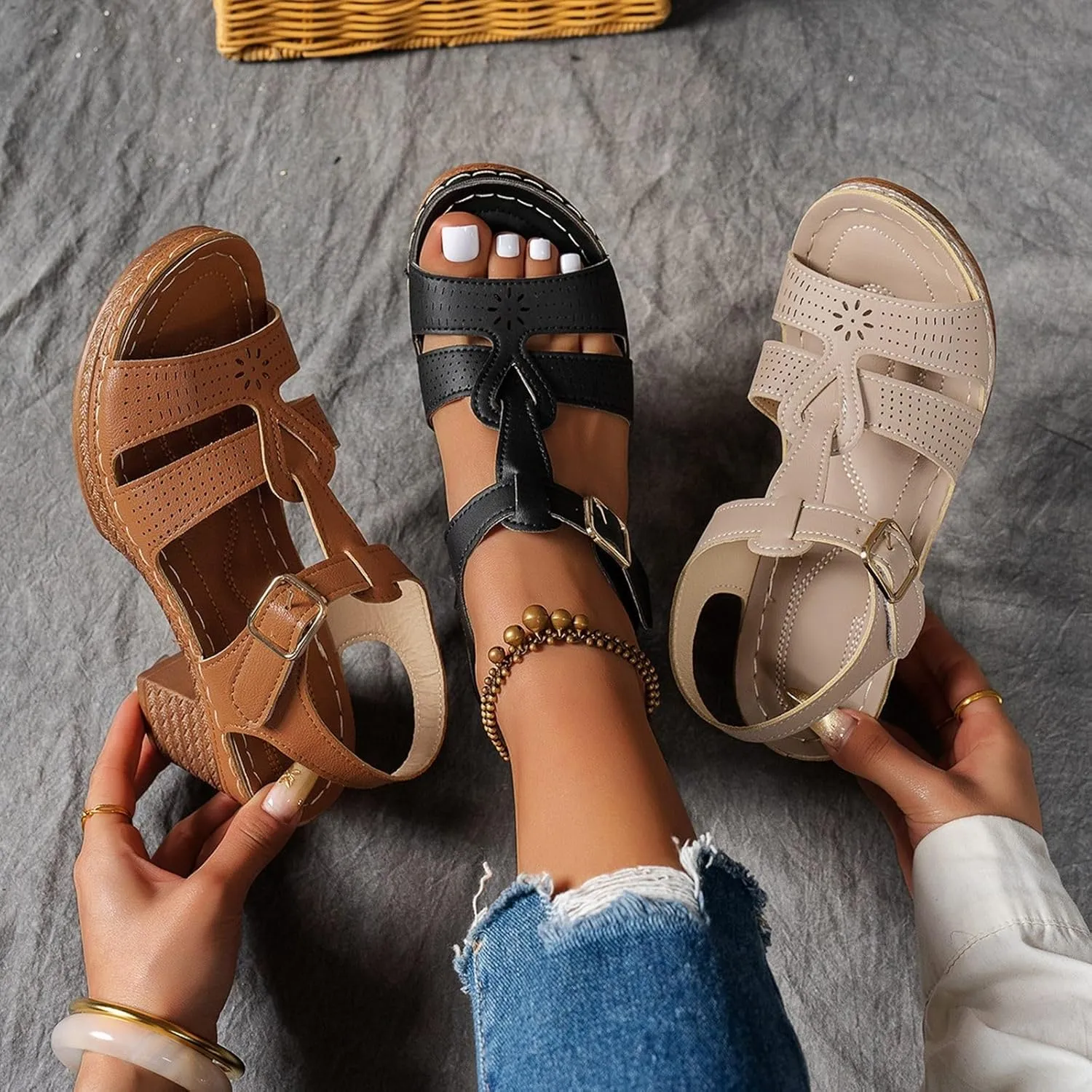 Orthopedic Sandals Women Wedge Shoes Comfortable Womens Sandal Dressy Summer Flip Flops Fashion Walking Wedges with Adjustable Ankle Buckle