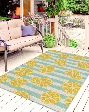 Outdoor Rug, Stripes Lemon Cotton Linen Background Indoor Outdoor Area Rug, Easy Cleaning Non Shedding Outside Large Floor Mat and Rug for Patio Deck Camping Beach Backyard, 5’x8’