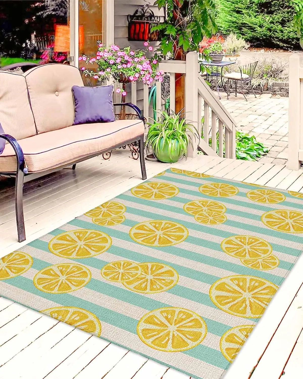 Outdoor Rug, Stripes Lemon Cotton Linen Background Indoor Outdoor Area Rug, Easy Cleaning Non Shedding Outside Large Floor Mat and Rug for Patio Deck Camping Beach Backyard, 5’x8’