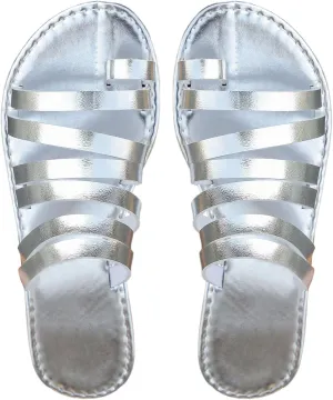 OYOANGLE Women's Metallic PU Leather Toe Post Flat Sandals Open Toe Ankle Strap Sandal Comfortable Walking Slides