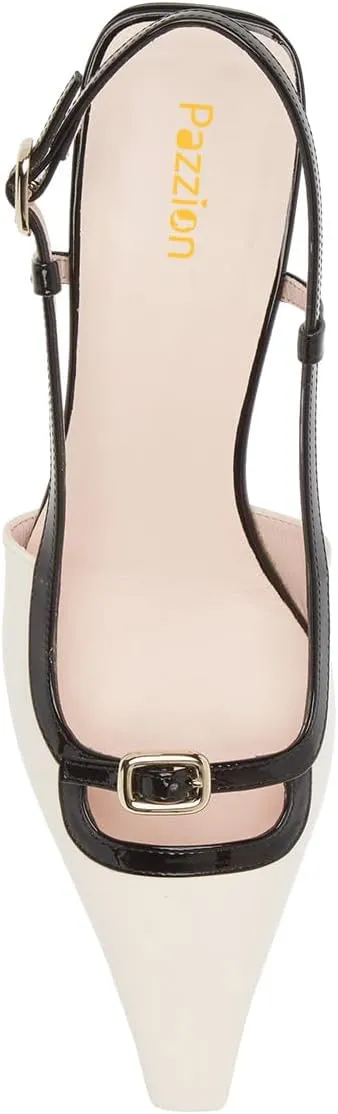 Pazzion Women's Square Toe Stiletto Heeled Slingback Pumps Mid Heel Backstrap Buckle Slip On Sandal Casual Outdoor Dress Shoes Size 4-16 US