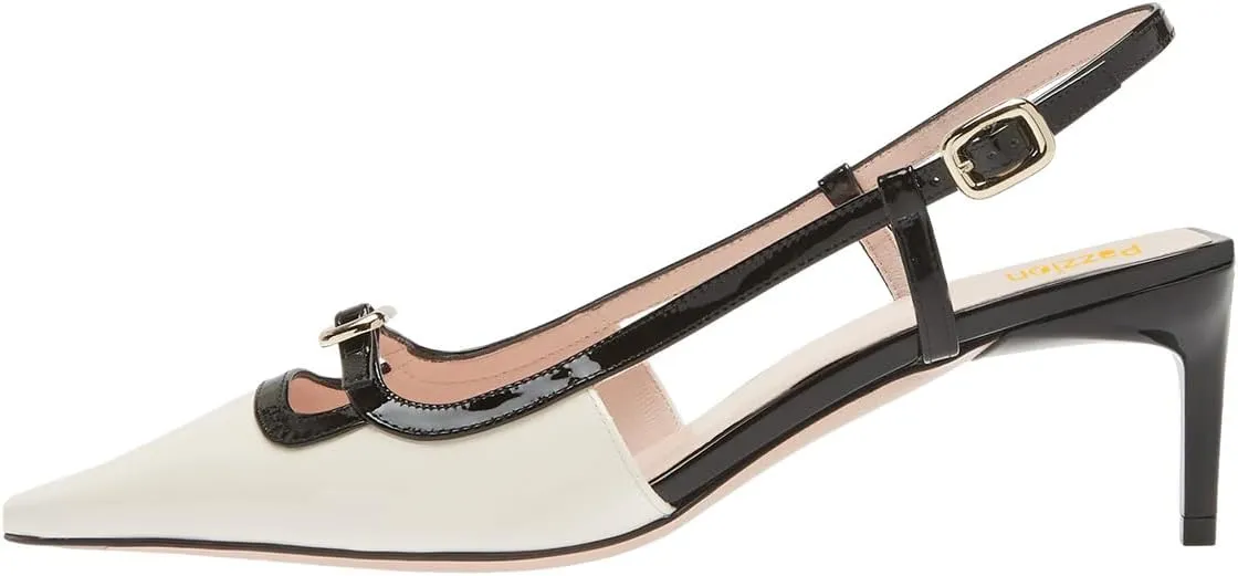 Pazzion Women's Square Toe Stiletto Heeled Slingback Pumps Mid Heel Backstrap Buckle Slip On Sandal Casual Outdoor Dress Shoes Size 4-16 US
