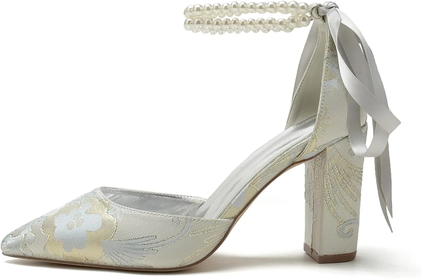 Pearl Bridal Silk Wedding Shoes Buckle Pointed Toe Women Satin Pumps High Heel Prom Shoes