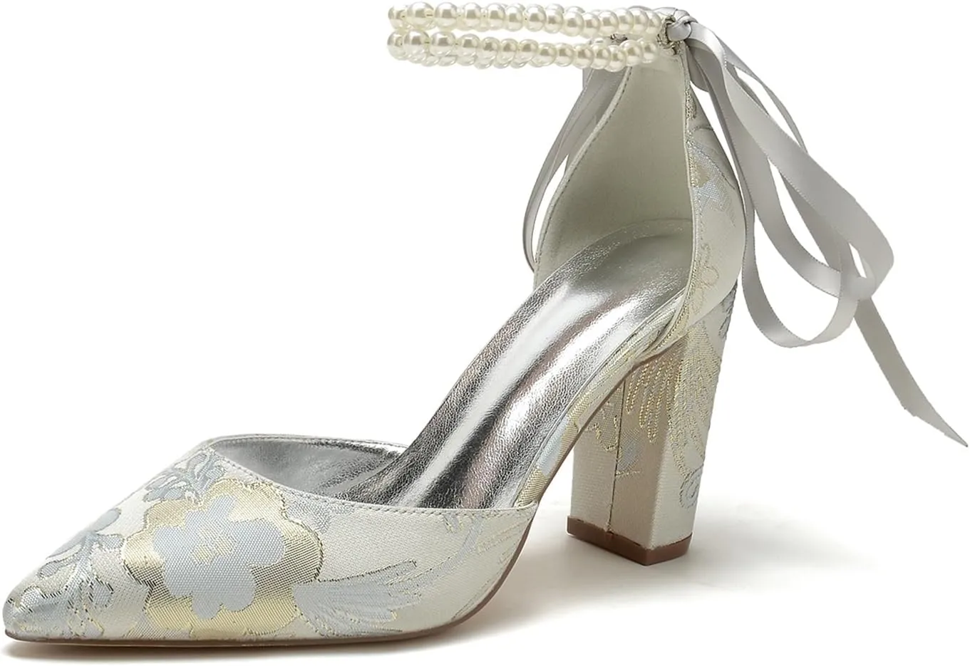 Pearl Bridal Silk Wedding Shoes Buckle Pointed Toe Women Satin Pumps High Heel Prom Shoes