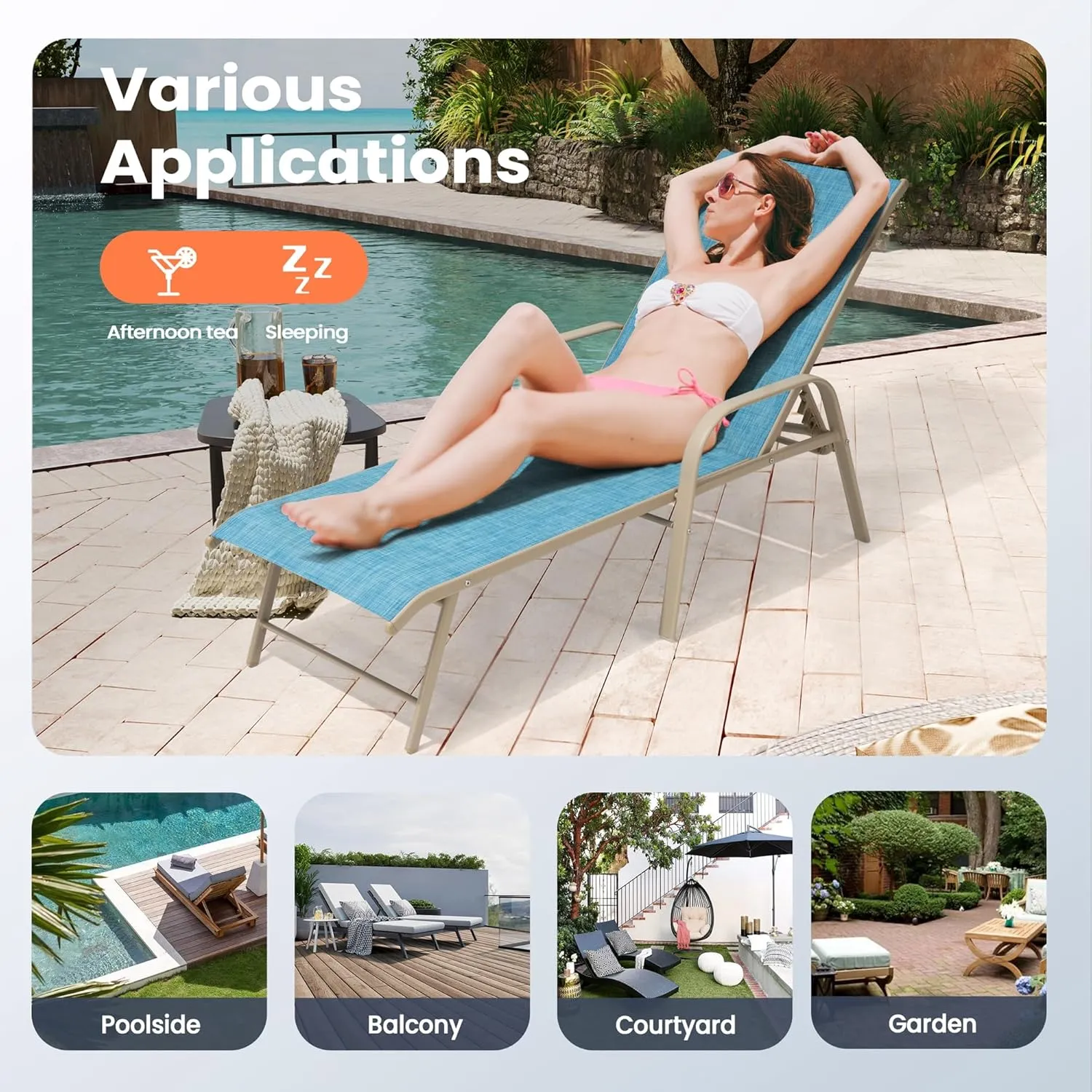 Pellebant Aluminum Outdoor Lounge Chairs Set of 2, Pool Chaise Patio Chairs with Adjustable Backrest & Armrest for Lawn, Yard(2pcs,Blue)