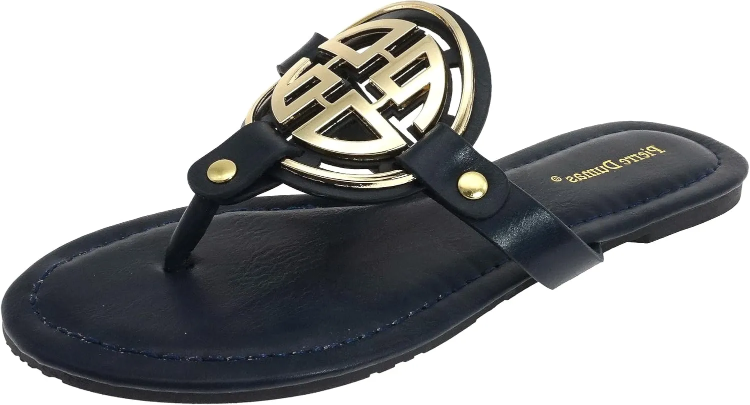 Pierre Dumas Women's Medallion Vegan Slide Thong Flip Flop Flat Sandal