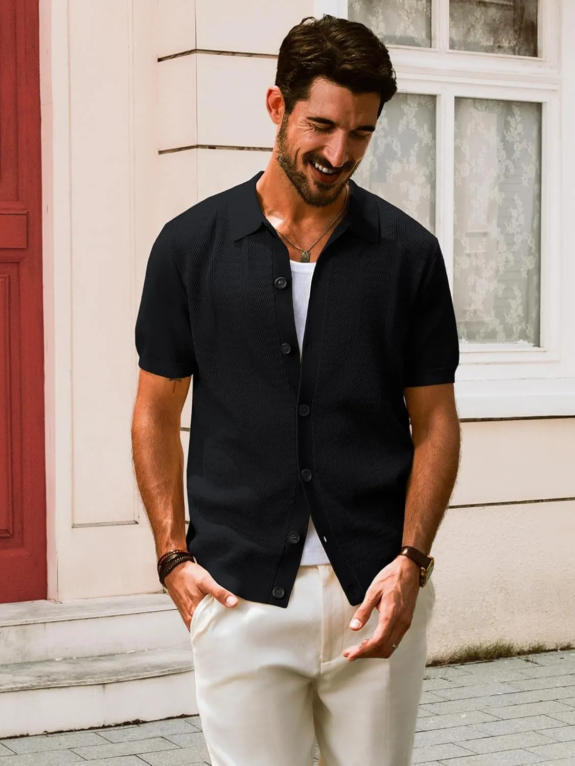 PJ PAUL JONES Mens Polo Shirt Short Sleeve Casual Knit Textured Button Down Polo Shirts with Pocket