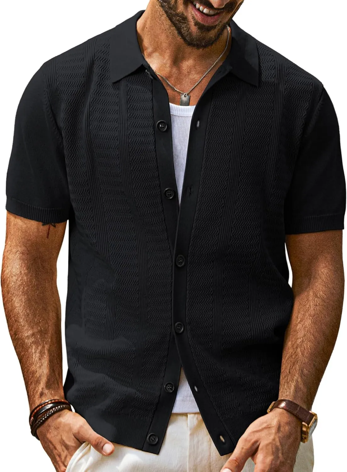 PJ PAUL JONES Mens Polo Shirt Short Sleeve Casual Knit Textured Button Down Polo Shirts with Pocket