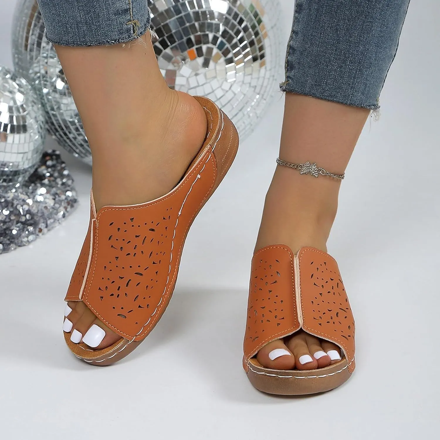 Platform Sandals Women Summer Orthopedic Arch Support Flat Slip on Wide Width Leather Wedge Sandals Damping Sole Upgradation Stretch Lightweight Heels Sandals Diabetic Walking Shoes