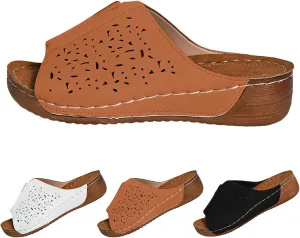 Platform Sandals Women Summer Orthopedic Arch Support Flat Slip on Wide Width Leather Wedge Sandals Damping Sole Upgradation Stretch Lightweight Heels Sandals Diabetic Walking Shoes