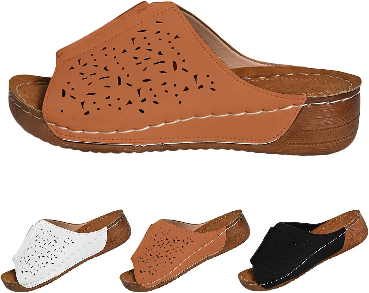 Platform Sandals Women Summer Orthopedic Arch Support Flat Slip on Wide Width Leather Wedge Sandals Damping Sole Upgradation Stretch Lightweight Heels Sandals Diabetic Walking Shoes