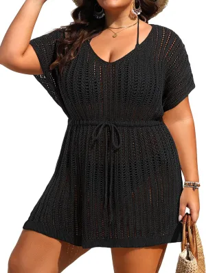 Plus Size Swimsuit Cover Up Women - Crochet Beach Romper Knit Bathing Suit Short Sleeve V Neck Swimwear Coverup Dress