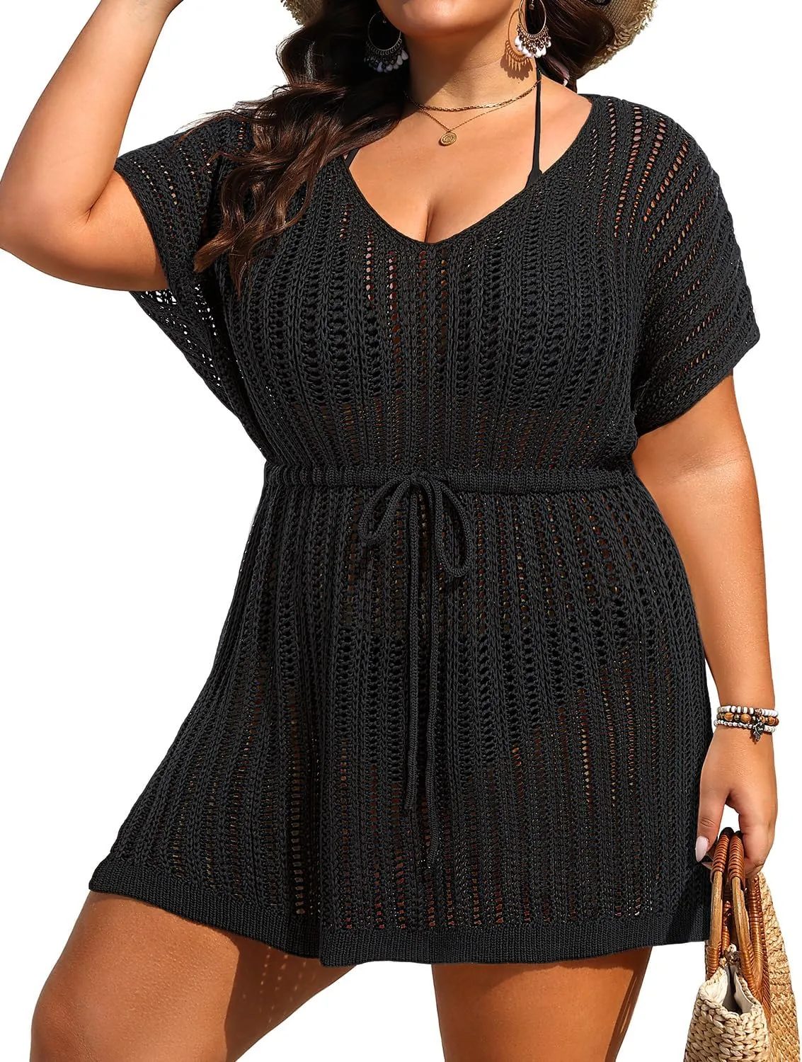 Plus Size Swimsuit Cover Up Women - Crochet Beach Romper Knit Bathing Suit Short Sleeve V Neck Swimwear Coverup Dress