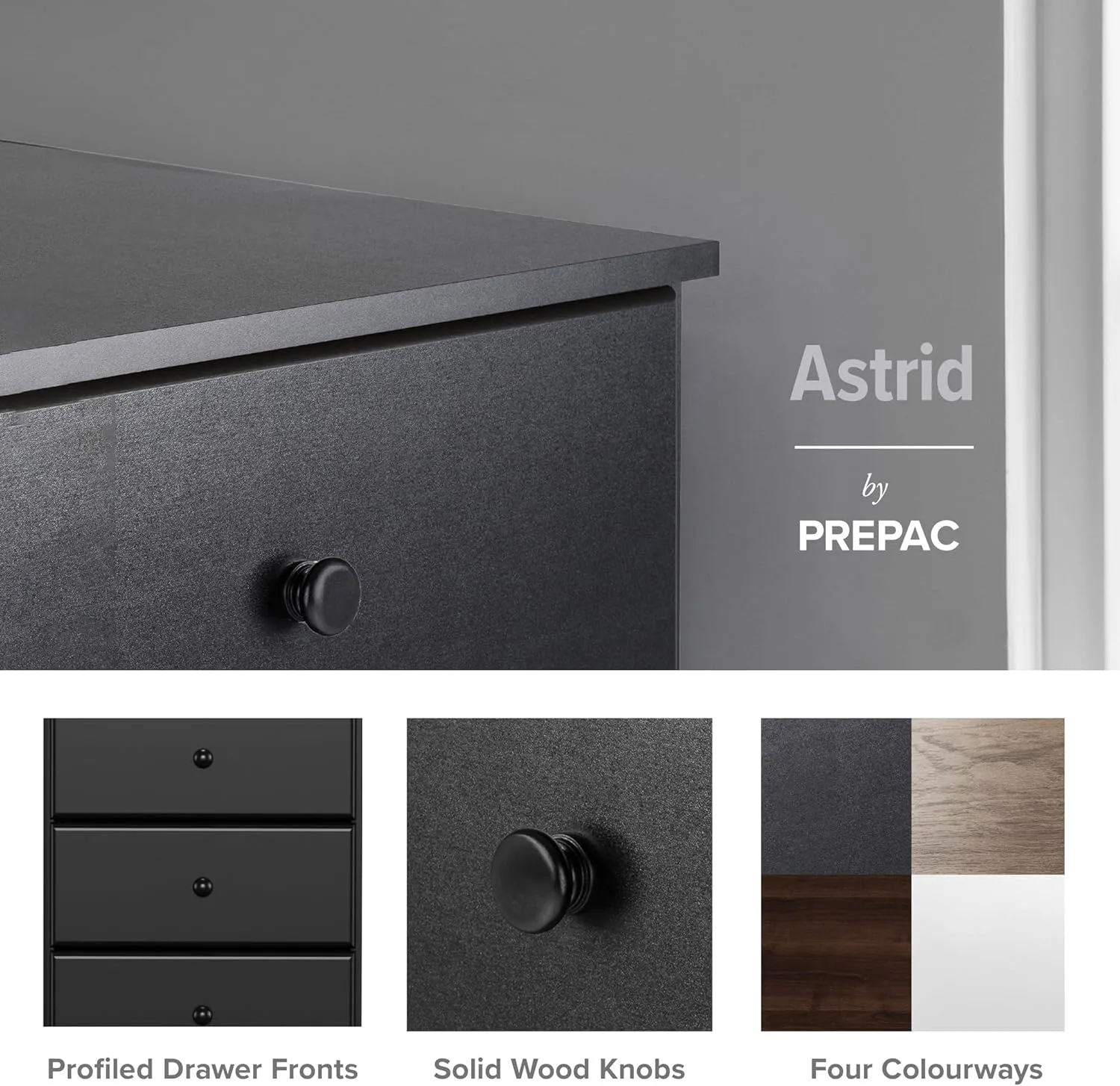 Prepac Astrid 6 Drawer Double Dresser for Bedroom, Wide Chest of Drawers, Bedroom Furniture, Clothes Storage and Organizer, 15.5" D x 47.5" W x 26.85" H, Black