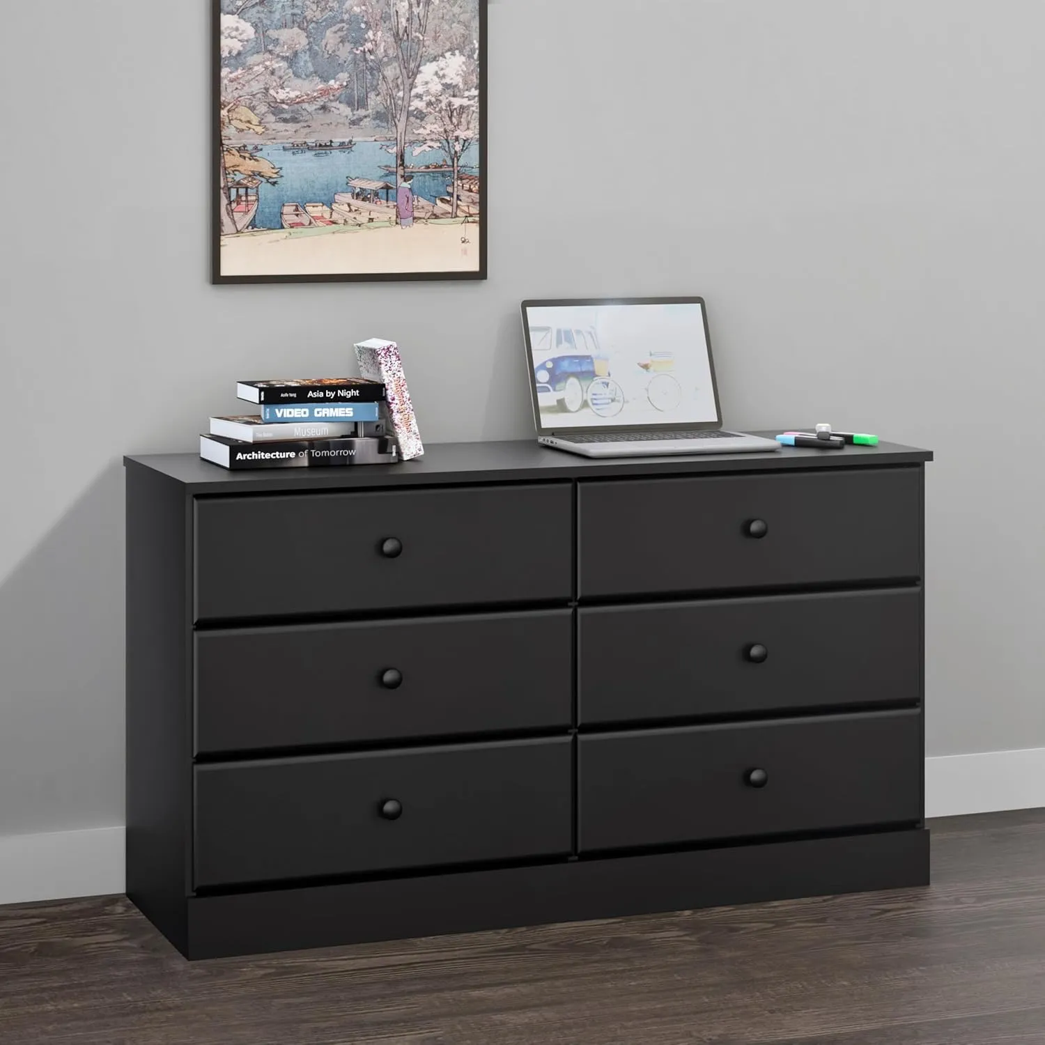 Prepac Astrid 6 Drawer Double Dresser for Bedroom, Wide Chest of Drawers, Bedroom Furniture, Clothes Storage and Organizer, 15.5" D x 47.5" W x 26.85" H, Black