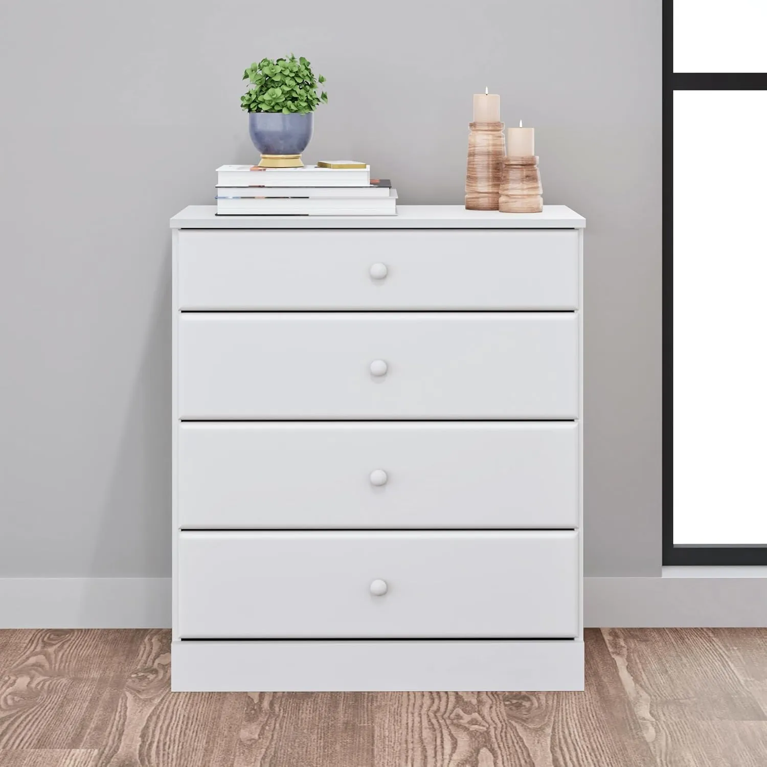 Prepac Astrid Simplistic 4-Drawer Dresser for Bedroom, Functional Bedroom Dresser Chest of Drawers 18.25" D x 30" W x 34" H, White, WDBR-0401-1