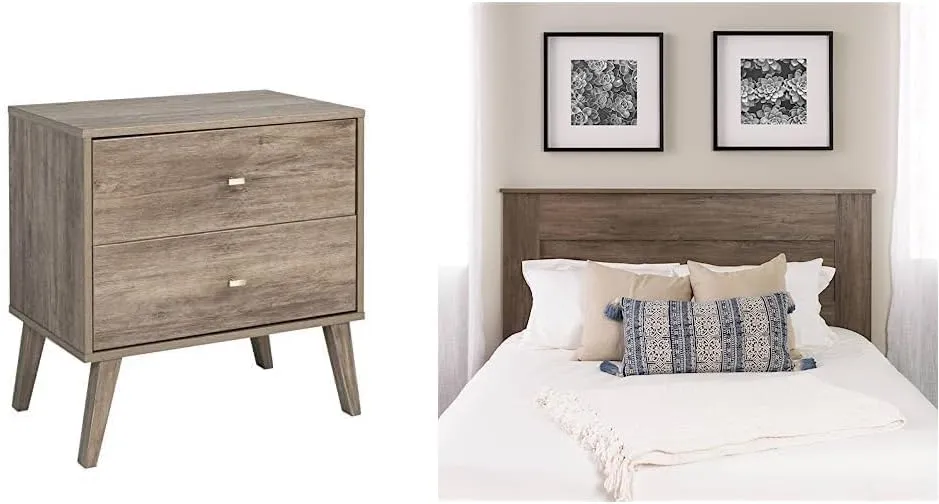 Prepac Milo 2-Drawer Nightstand, Drifted Gray & Queen Flat Panel Headboard, Drifted Gray