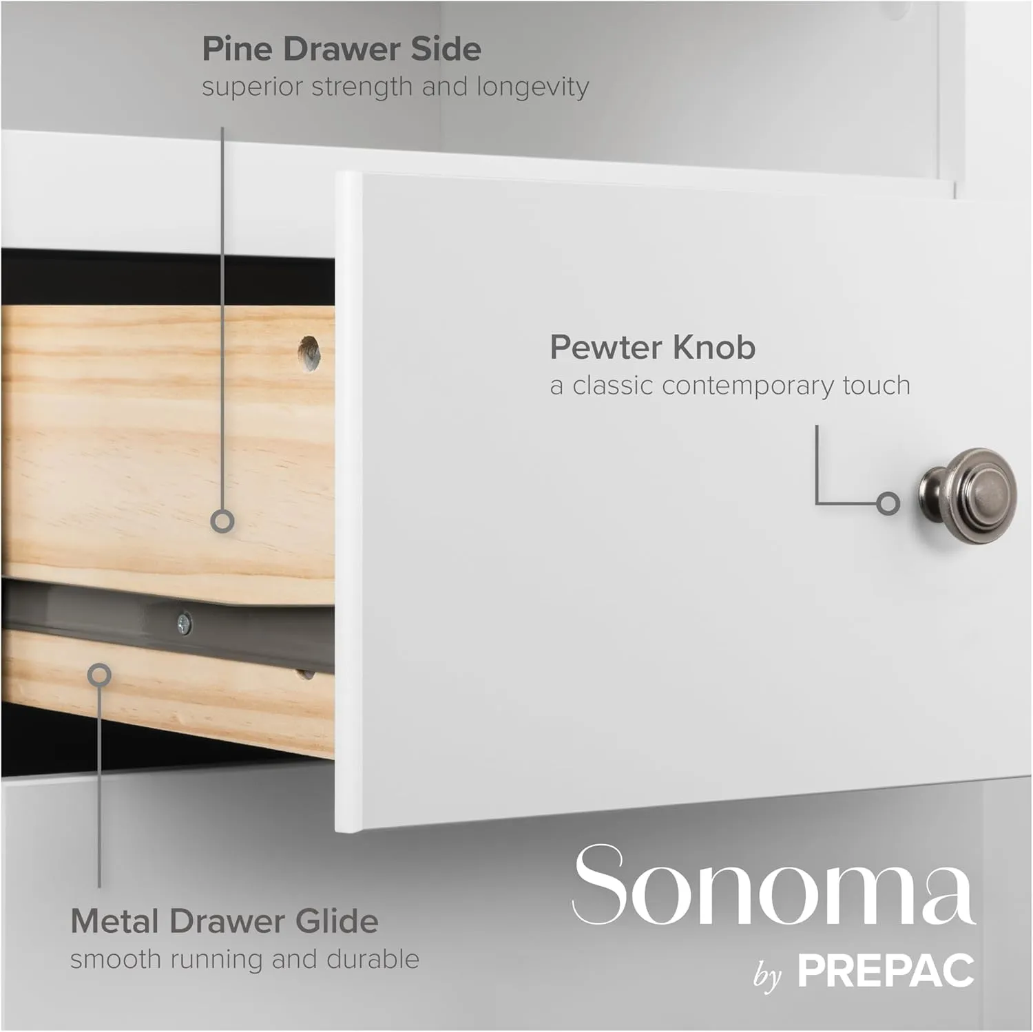 Prepac Sonoma 6 Drawer Dresser for Bedroom, Tall Chest of Drawers, Bedroom Furniture, Clothes Storage and Organizer, 19" D x 23.25" W x 52.75" H, White