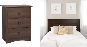 Prepac Sonoma Traditional Tall Nightstand Side Table & Stylish Flat Wood Panel Headboard for Queen Size Beds, Simplistic Wooden Queen Headboard 2.25" D x 64.5" W x 48" H, Espresso, EHFQ-1301-1