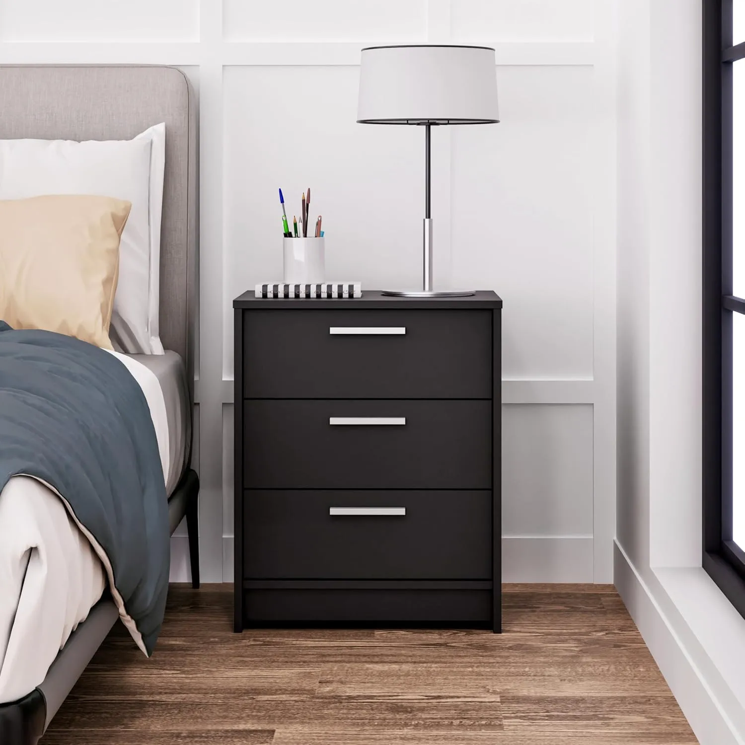 Prepac Studio Essentials Nightstand Bedside Table, Black Nightstand for Bedroom, End Table with 3 Drawers 16" D X 21.25" W x 26.25" H