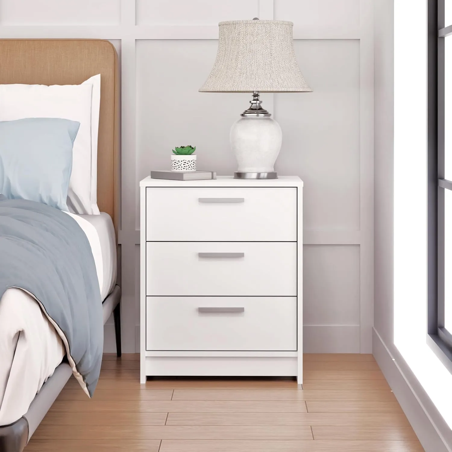 Prepac Studio Essentials Nightstand Bedside Table, White Nightstand for Bedroom, End Table with 3 Drawers 16" D X 21.25" W x 26.25" H