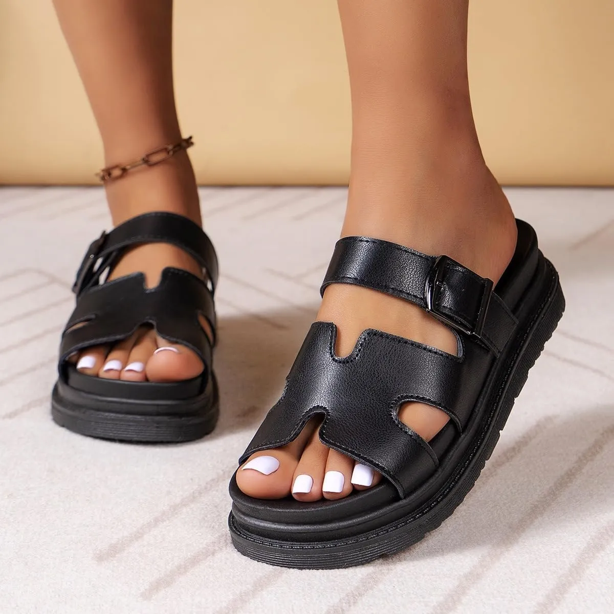 PU Platform Slippers Non-slip Height Up Fashion Girls Women Sandal Beach Outdoor Sandals