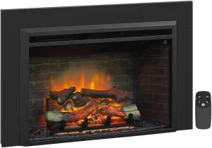 PuraFlame Western 33"x21" Electric Fireplace Insert with Trim Kit, Fire Crackling Sound, Resin Log, Remote Control, 750/1500W Heater, Black