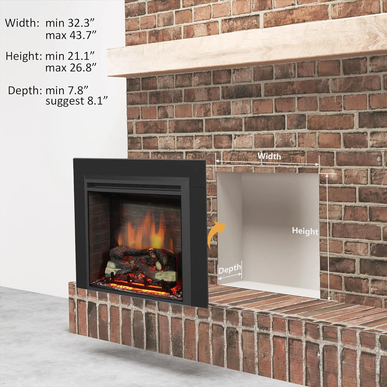 PuraFlame Western 33"x21" Electric Fireplace Insert with Trim Kit, Fire Crackling Sound, Resin Log, Remote Control, 750/1500W Heater, Black
