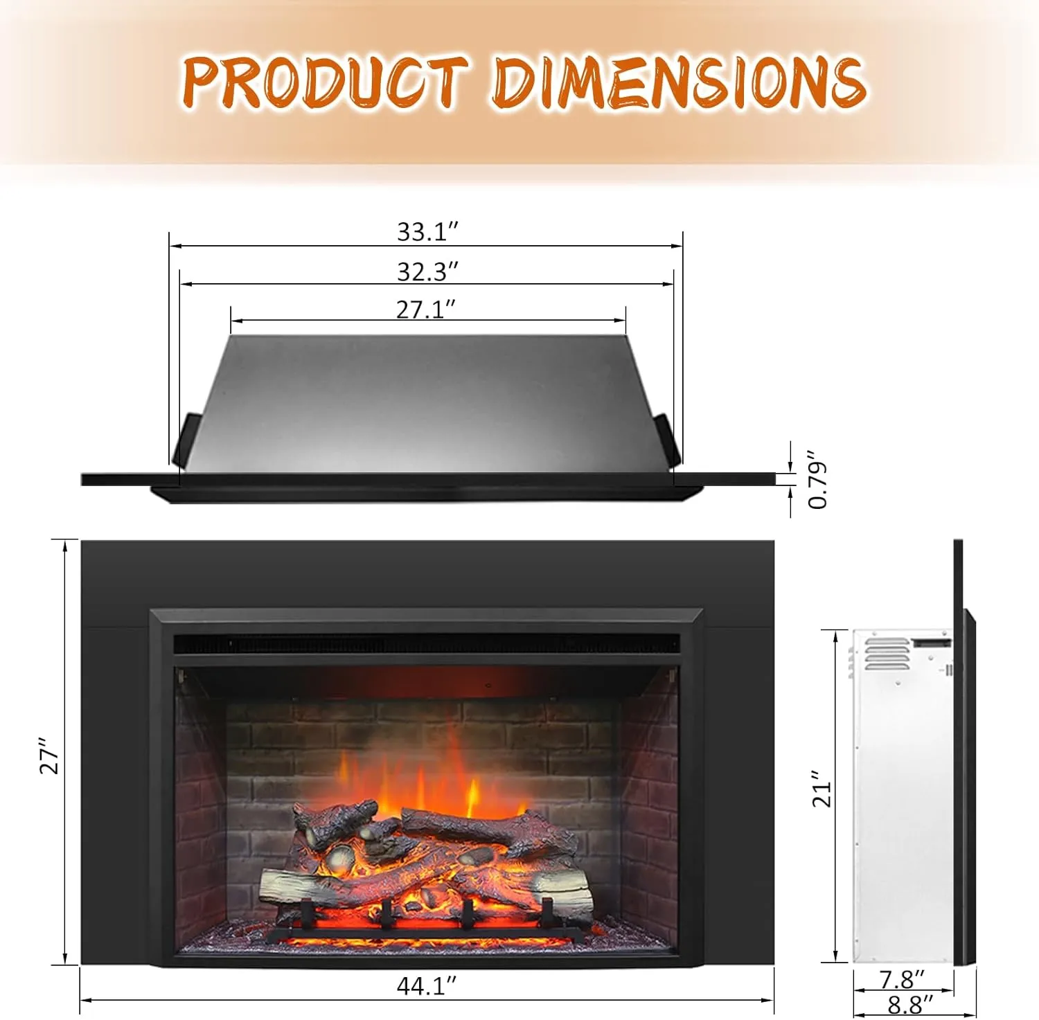 PuraFlame Western 33"x21" Electric Fireplace Insert with Trim Kit, Fire Crackling Sound, Resin Log, Remote Control, 750/1500W Heater, Black