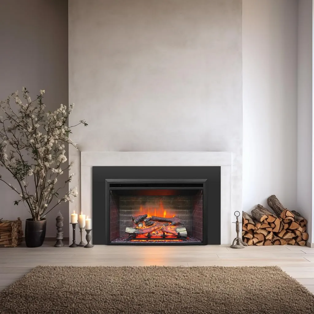 PuraFlame Western 33"x21" Electric Fireplace Insert with Trim Kit, Fire Crackling Sound, Resin Log, Remote Control, 750/1500W Heater, Black