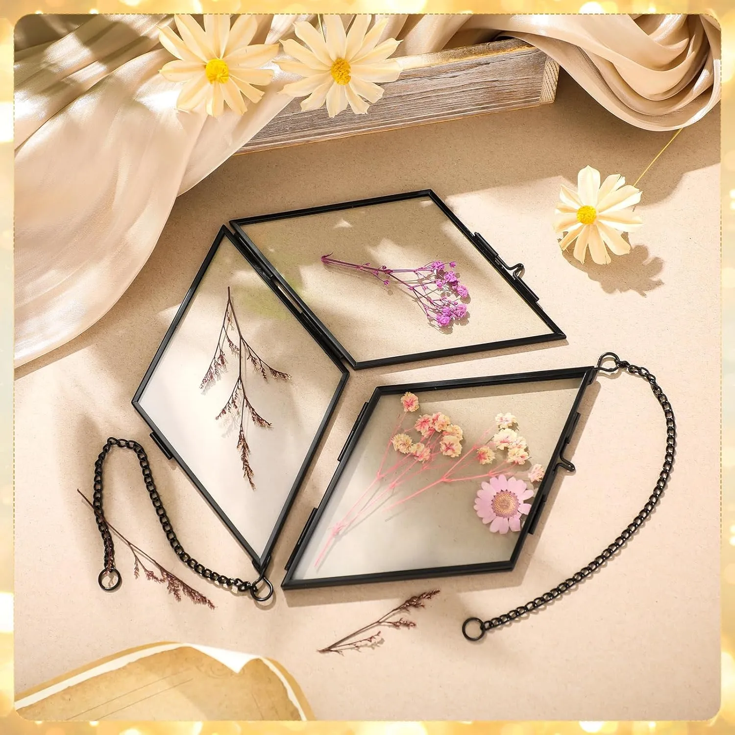 Qunclay 4 Pcs Double Glass Pressed Flower Frames Rhombus Wall Hanging Floating Picture Photo Frames with Chain for Pressed Dried Flowers Plants Photo Small Flat Items Artwork Display(Black,4 Inch)