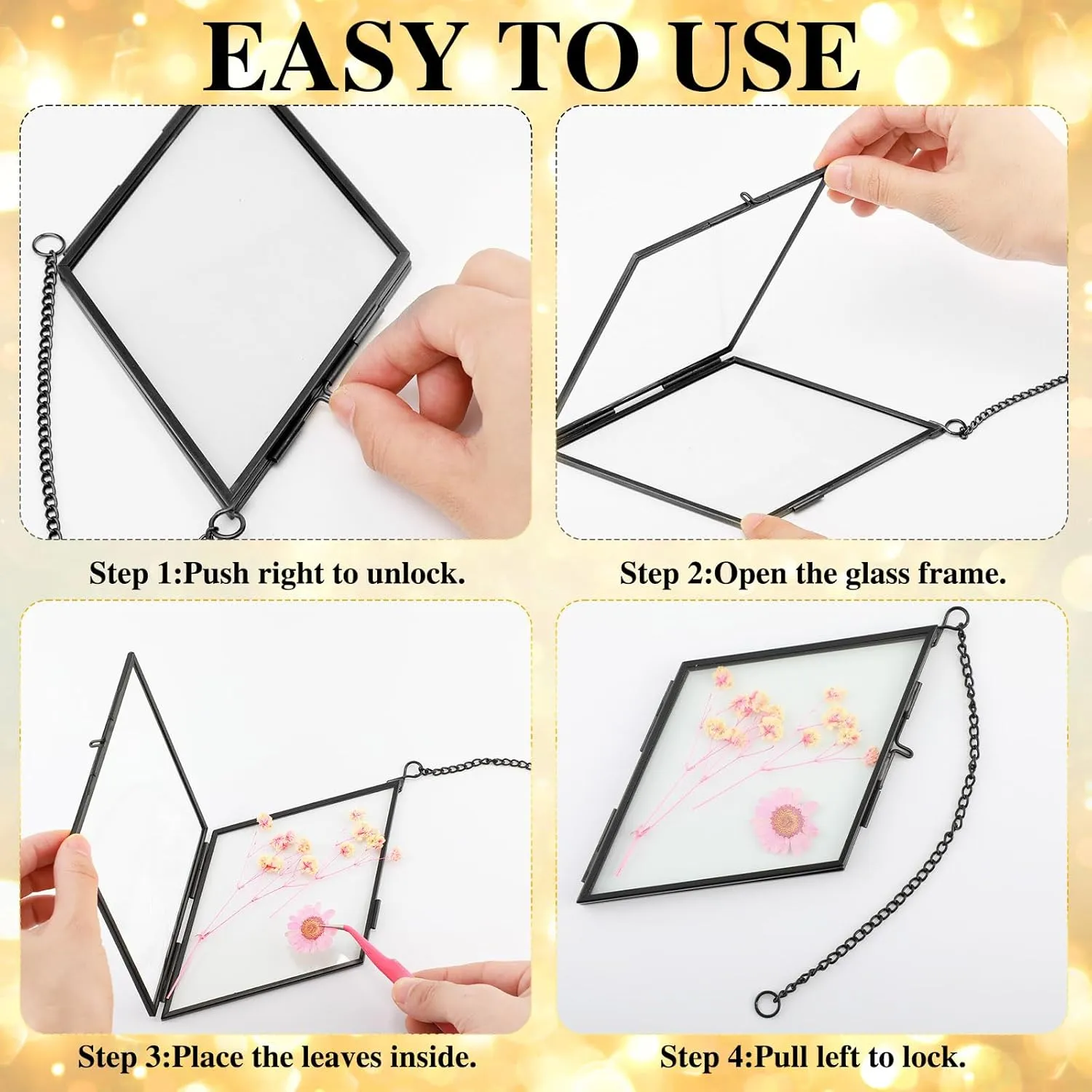 Qunclay 4 Pcs Double Glass Pressed Flower Frames Rhombus Wall Hanging Floating Picture Photo Frames with Chain for Pressed Dried Flowers Plants Photo Small Flat Items Artwork Display(Black,4 Inch)