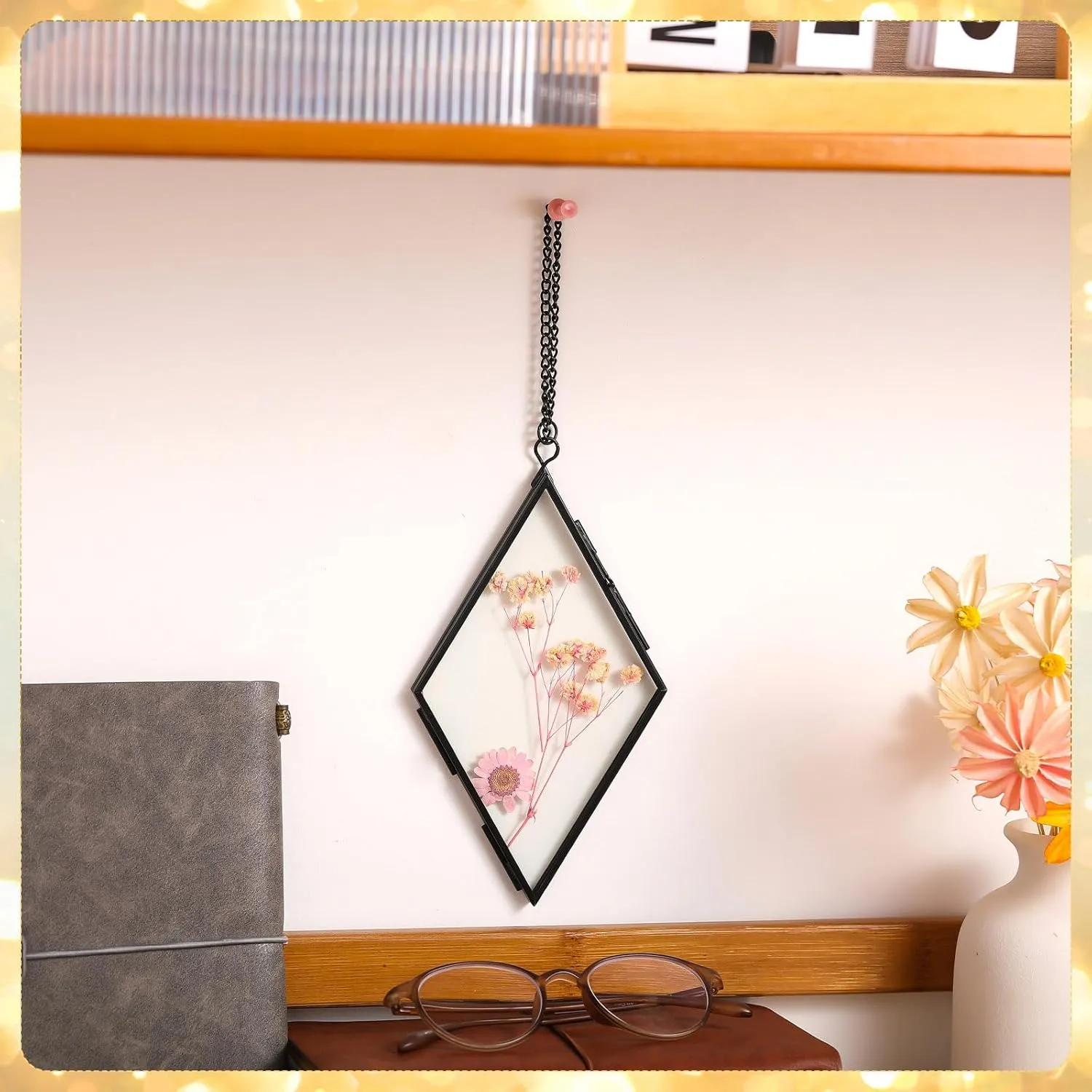 Qunclay 4 Pcs Double Glass Pressed Flower Frames Rhombus Wall Hanging Floating Picture Photo Frames with Chain for Pressed Dried Flowers Plants Photo Small Flat Items Artwork Display(Black,4 Inch)