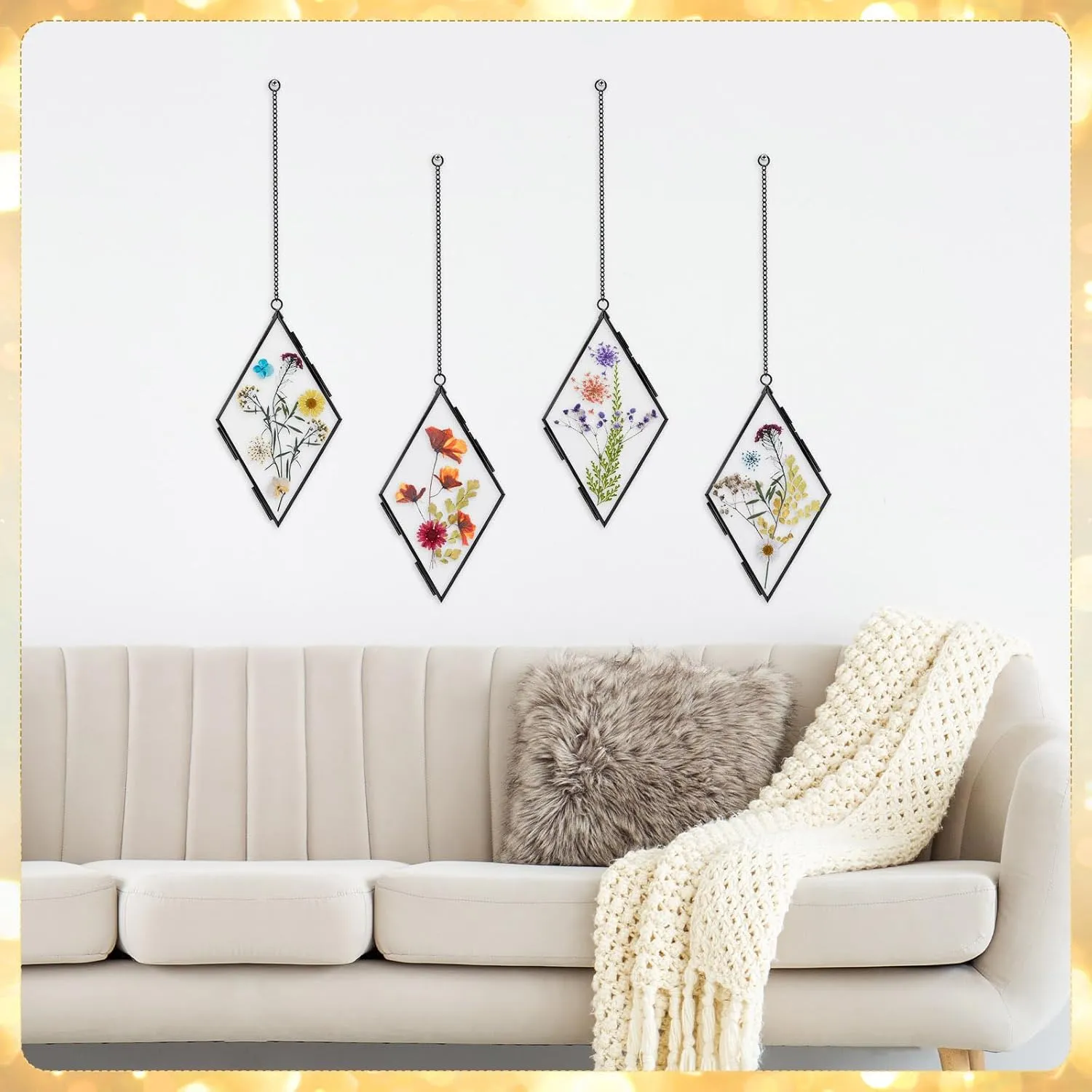 Qunclay 4 Pcs Double Glass Pressed Flower Frames Rhombus Wall Hanging Floating Picture Photo Frames with Chain for Pressed Dried Flowers Plants Photo Small Flat Items Artwork Display(Black,4 Inch)