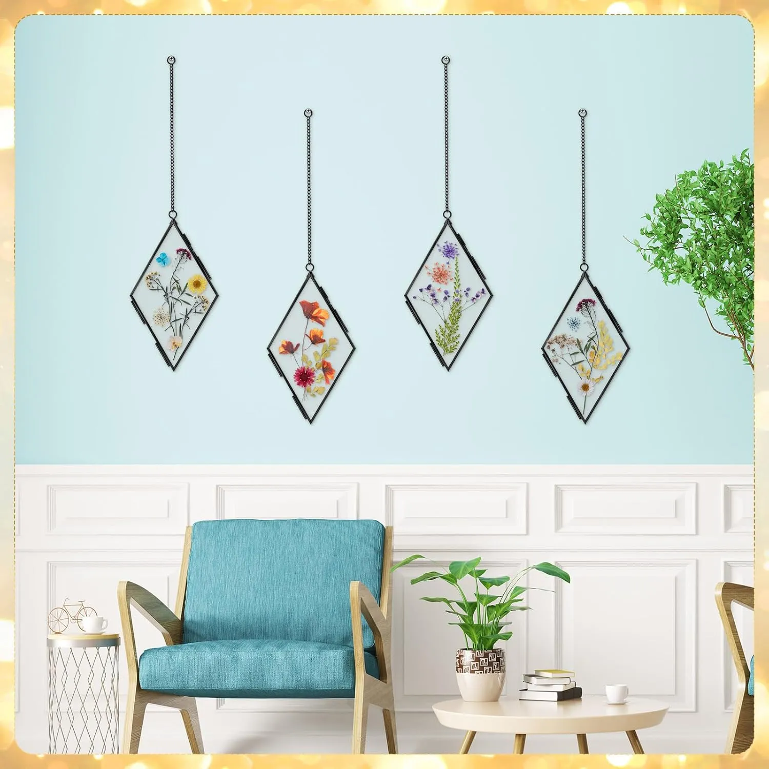 Qunclay 4 Pcs Double Glass Pressed Flower Frames Rhombus Wall Hanging Floating Picture Photo Frames with Chain for Pressed Dried Flowers Plants Photo Small Flat Items Artwork Display(Black,4 Inch)