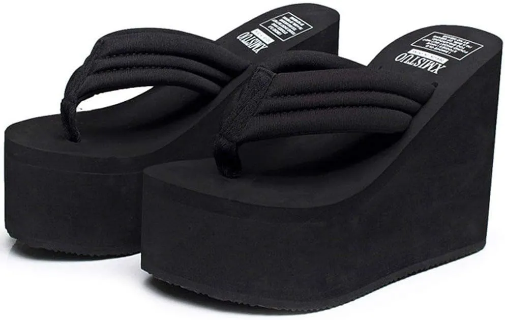 QZUnique Women Flip Flop, Thong Wedge Platform Sandals Arch Support Slippers High Heel Comfortable Cushion Shoes Summer Beach