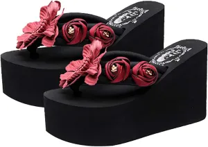 QZUnique Women Flip Flop, Thong Wedge Platform Sandals Arch Support Slippers High Heel Comfortable Cushion Shoes Summer Beach