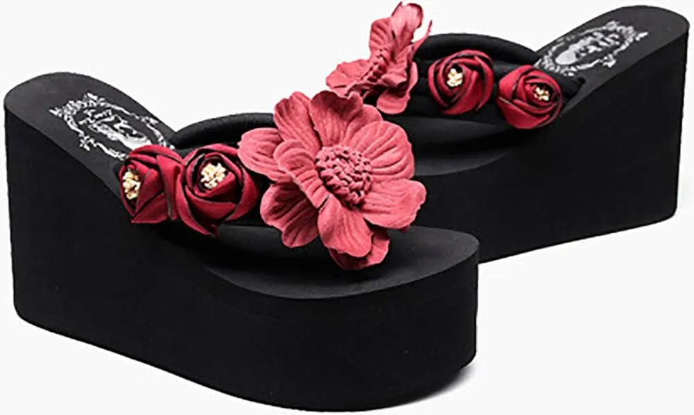 QZUnique Women Flip Flop, Thong Wedge Platform Sandals Arch Support Slippers High Heel Comfortable Cushion Shoes Summer Beach