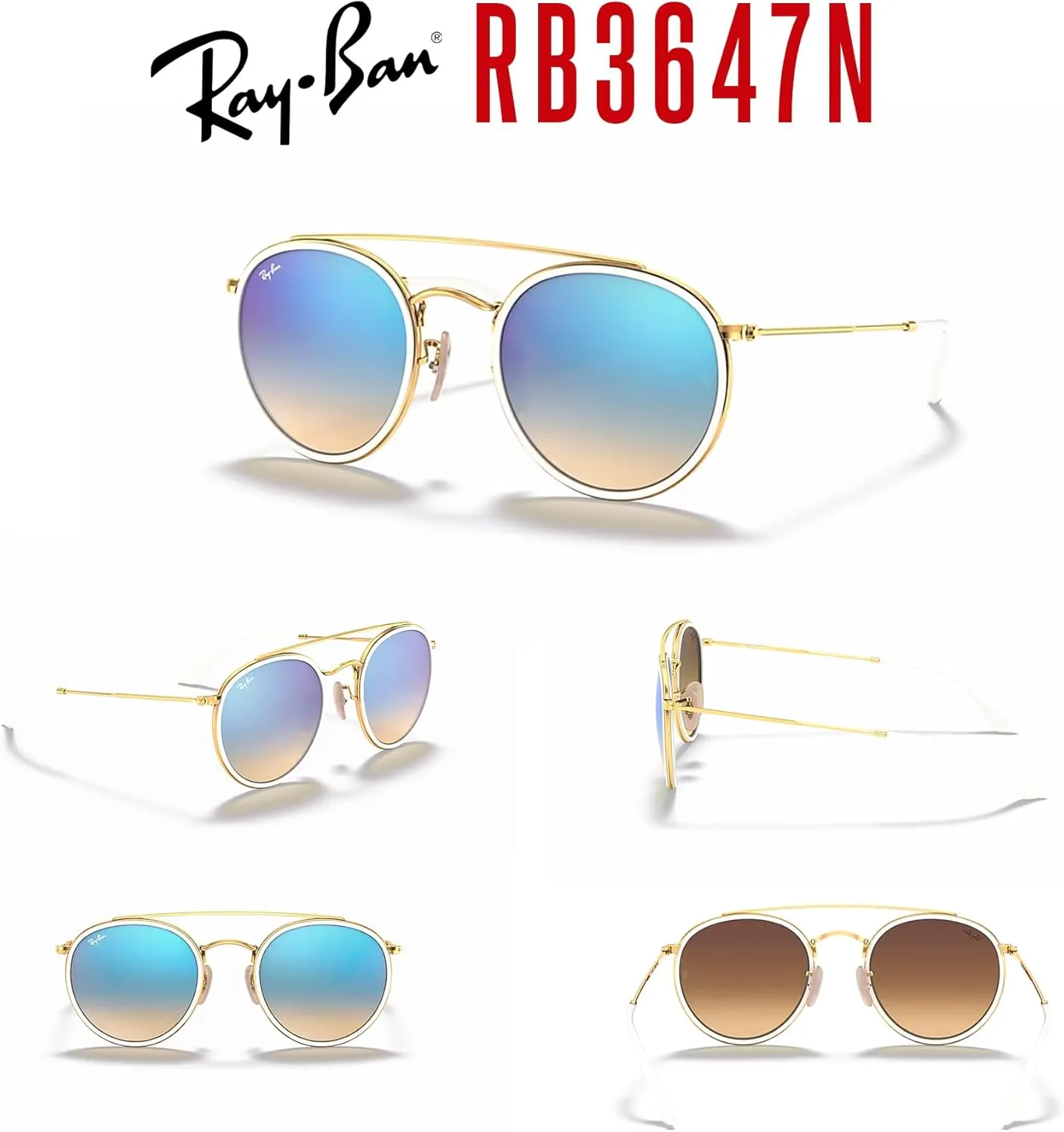 Ray-Ban RB3647N Double Bridge Round Sunglasses for Men for Women   BUNDLE with Designer iWear Eyewear Care Kit