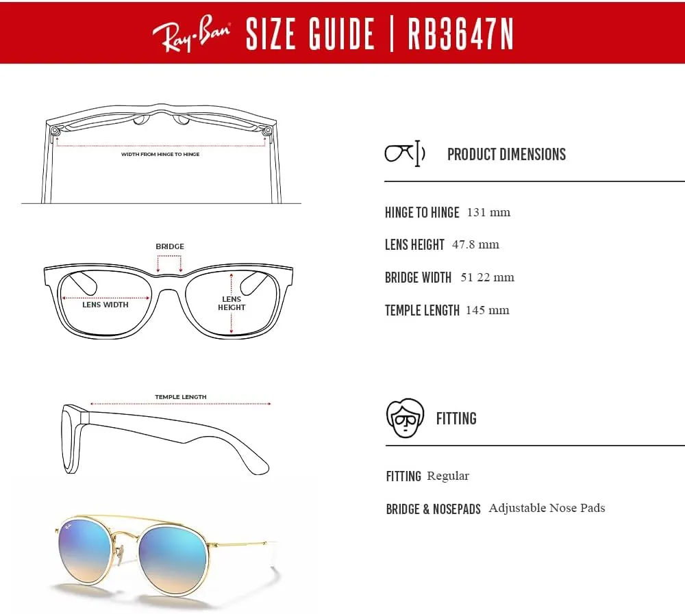 Ray-Ban RB3647N Double Bridge Round Sunglasses for Men for Women   BUNDLE with Designer iWear Eyewear Care Kit