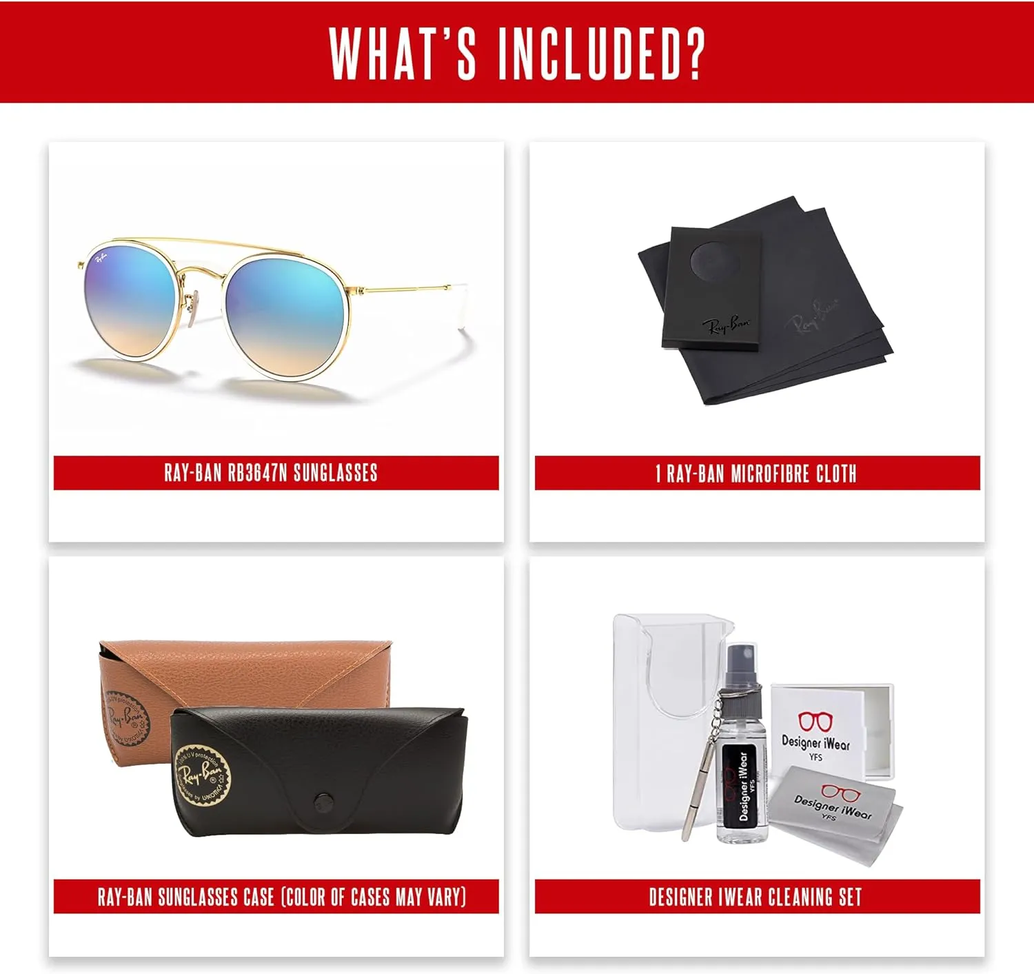 Ray-Ban RB3647N Double Bridge Round Sunglasses for Men for Women   BUNDLE with Designer iWear Eyewear Care Kit