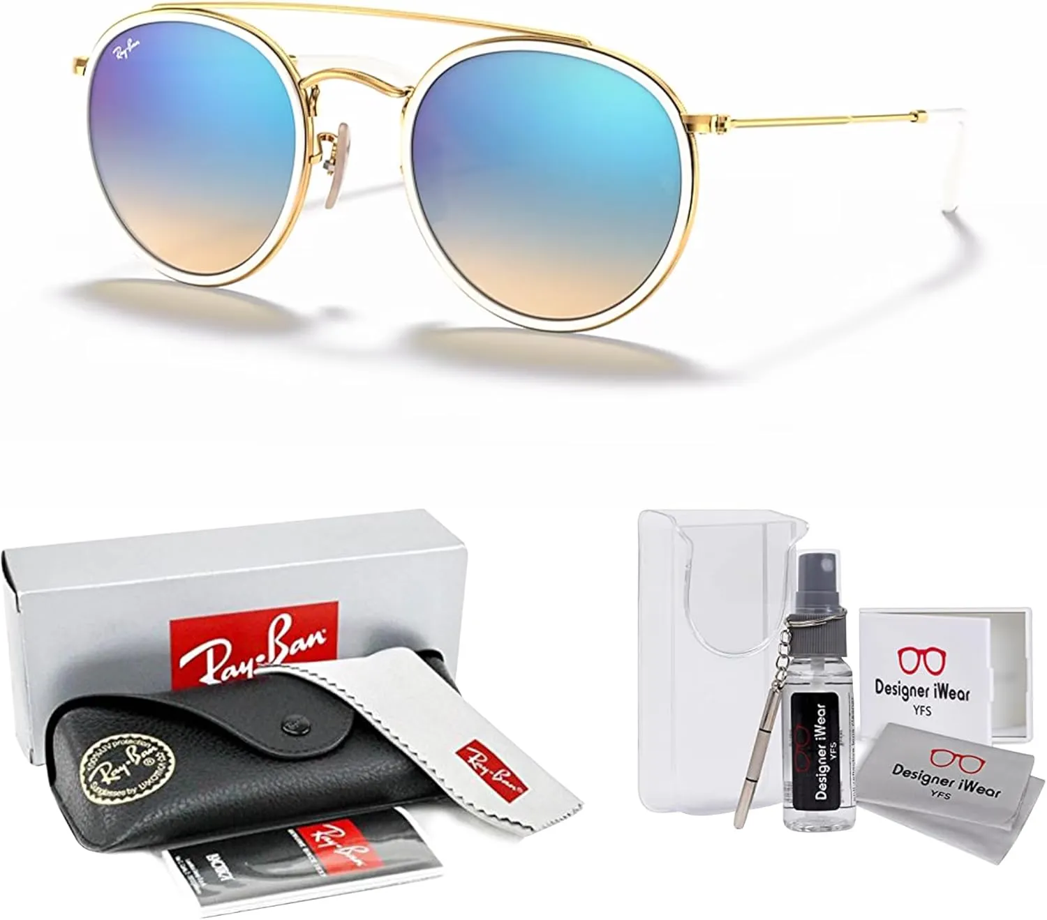 Ray-Ban RB3647N Double Bridge Round Sunglasses for Men for Women   BUNDLE with Designer iWear Eyewear Care Kit