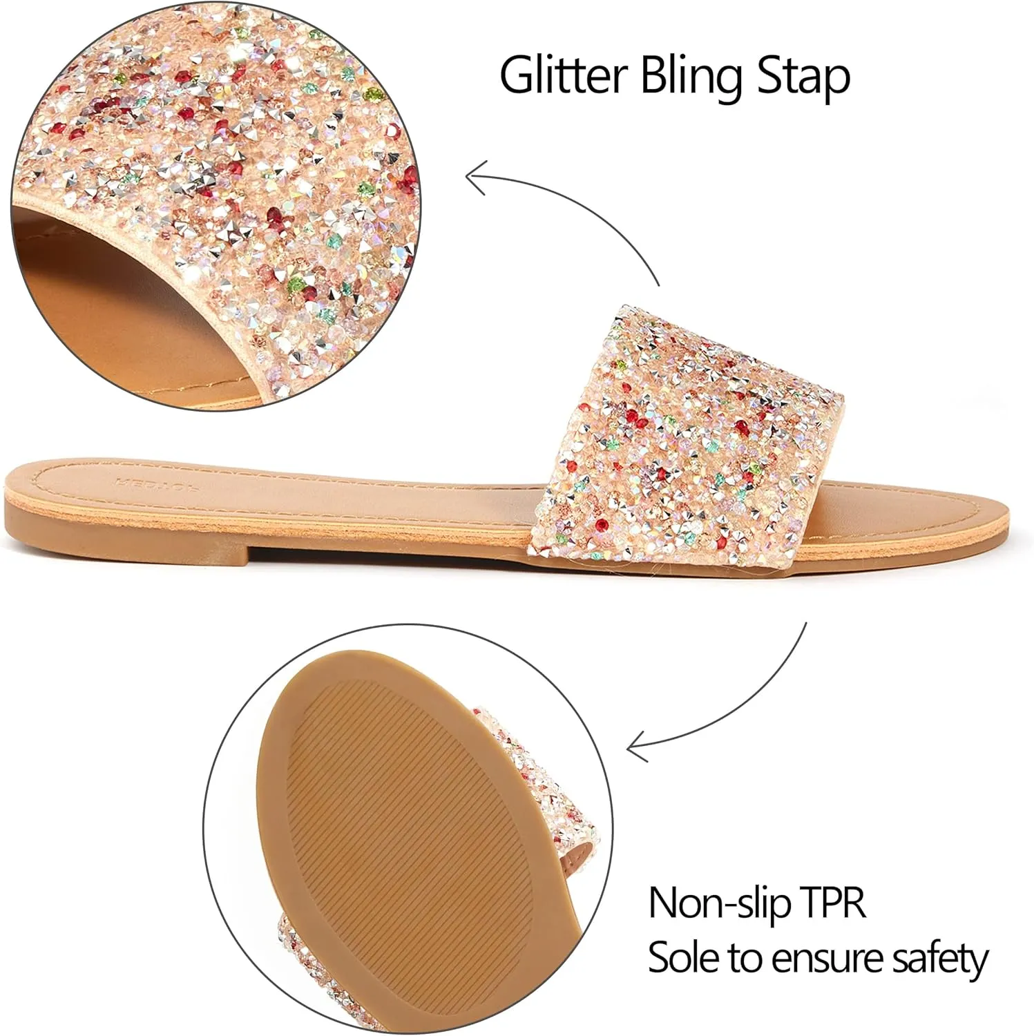 REDTOP Women's Rhinestone Sandals Slide Glitter Bling Casual Sandal Flat Open Toe Sparkle Slides
