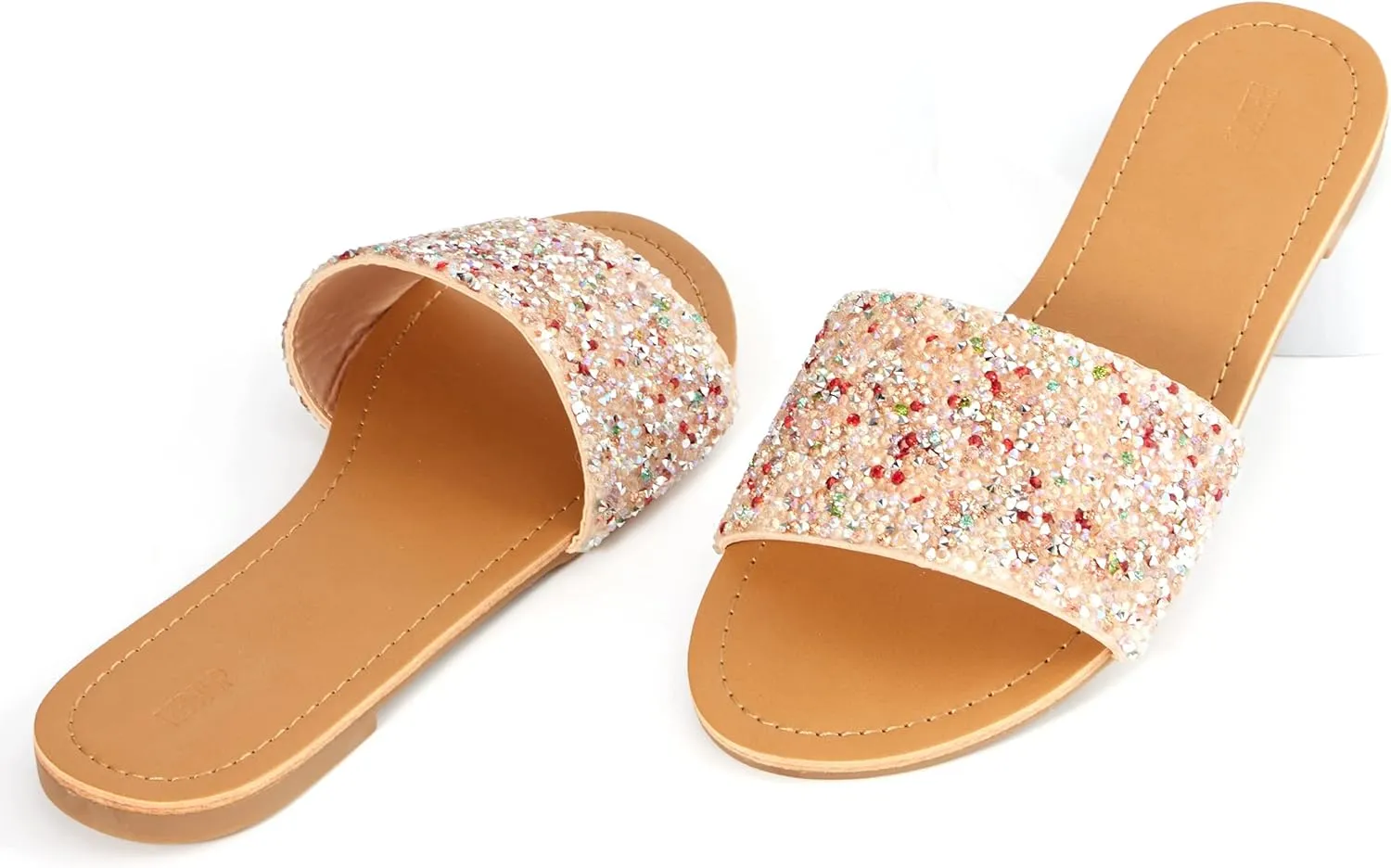 REDTOP Women's Rhinestone Sandals Slide Glitter Bling Casual Sandal Flat Open Toe Sparkle Slides