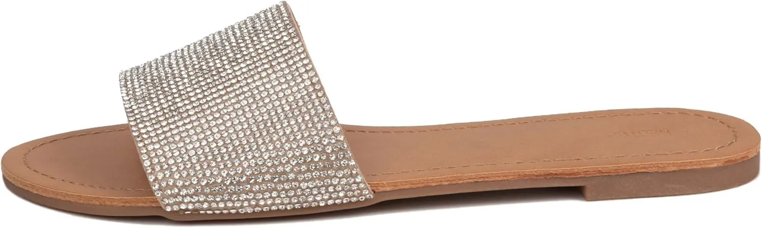 REDTOP Women's Rhinestone Sandals Slide Glitter Bling Casual Sandal Flat Open Toe Sparkle Slides