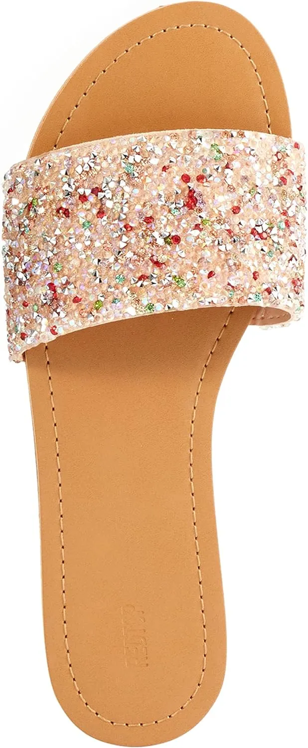 REDTOP Women's Rhinestone Sandals Slide Glitter Bling Casual Sandal Flat Open Toe Sparkle Slides