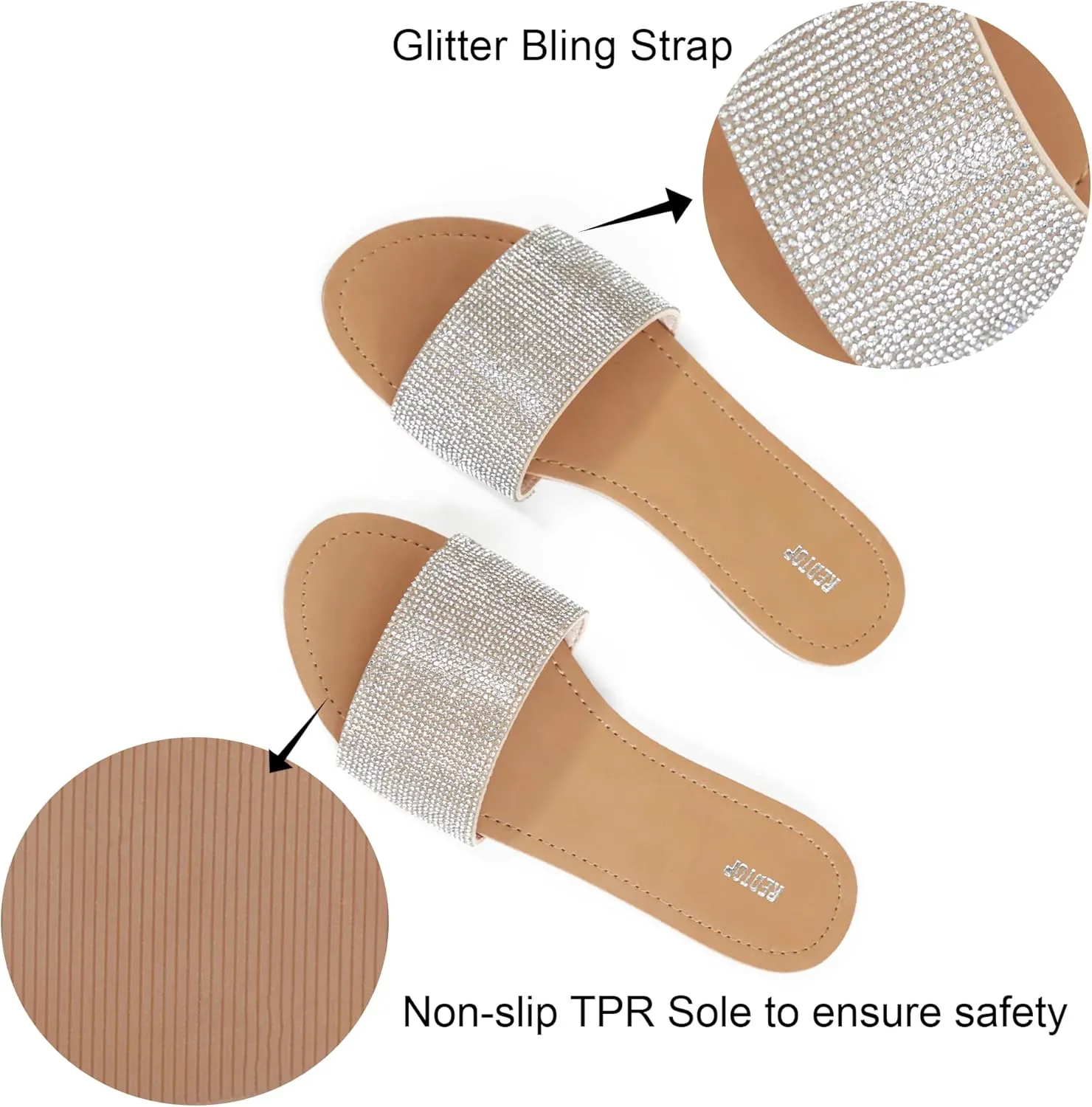 REDTOP Women's Rhinestone Sandals Slide Glitter Bling Casual Sandal Flat Open Toe Sparkle Slides