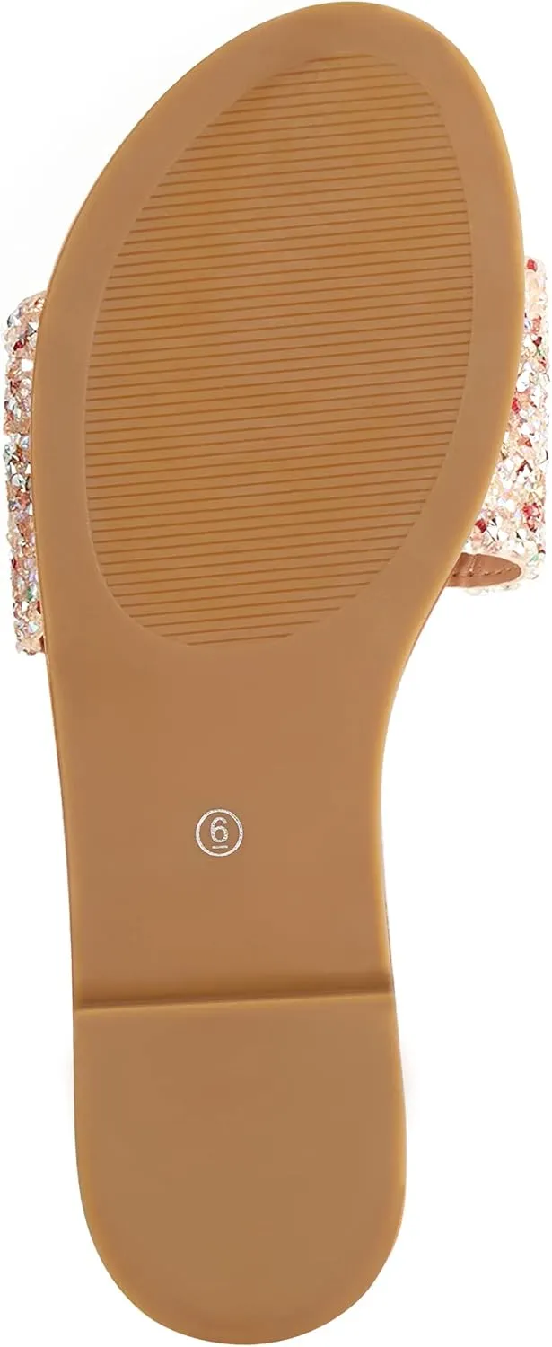 REDTOP Women's Rhinestone Sandals Slide Glitter Bling Casual Sandal Flat Open Toe Sparkle Slides